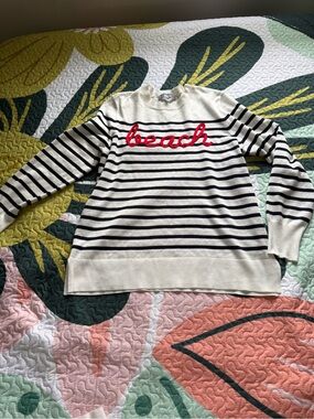 Striped Crewneck Sweater with 'Beach' Script - Cream & Black